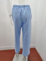 Pantalones de lino para mujer, pantalón ancho de algodón elástica con cordón cintura alta, pantalón largo informal para verano - details 3