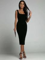 Vestido Bodycon de Moda Verano Cuello Cuadrado Kintted de Lino Khaki Vestido Mid de Moda para Mujeres Estilo Casual y Adelgazado - details 11