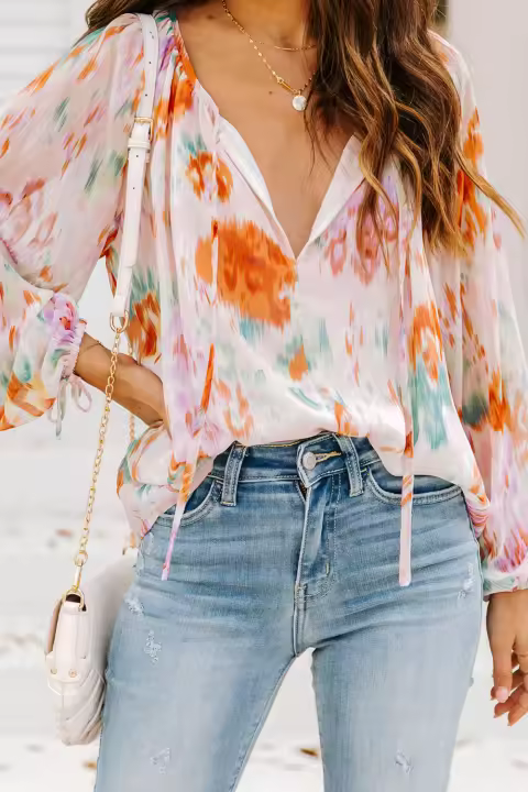 Elrachen Blusa de manga abullonada con cuello dividido y estampado abstracto para mujer, multicolor, tallas S-XL - 1