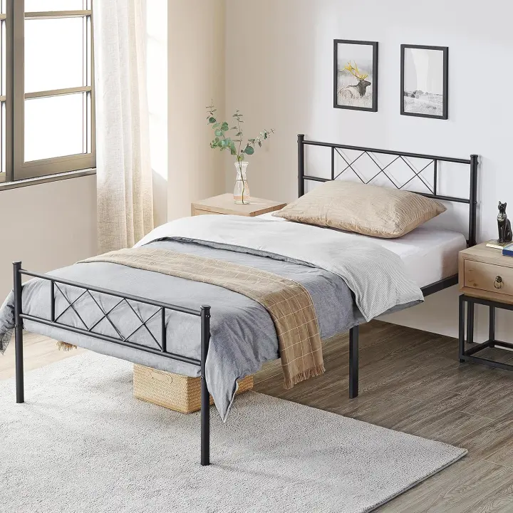 Cama de Metal con somier, Cama Doble/Individual, Marco de Cama con cabecero, Cama de Invitados, Cama Juvenil, para Dormitorio, habitación de Invitados, 90 x 200 cm/Negro - 1