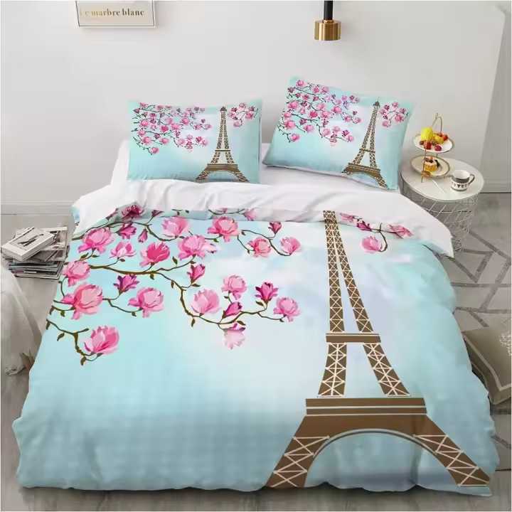 Conjunto de Funda de Almohada de Polyester de Eiffel Tower Tamaño Rey Diseño Vintage de Edificio Famoso del Mundo Ideal para Niños y Niñas - 1