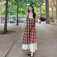 Vestido largo holgado Retro de verano para mujer, vestido con tirantes de dos piezas falso a cuadros para mujer - details 5