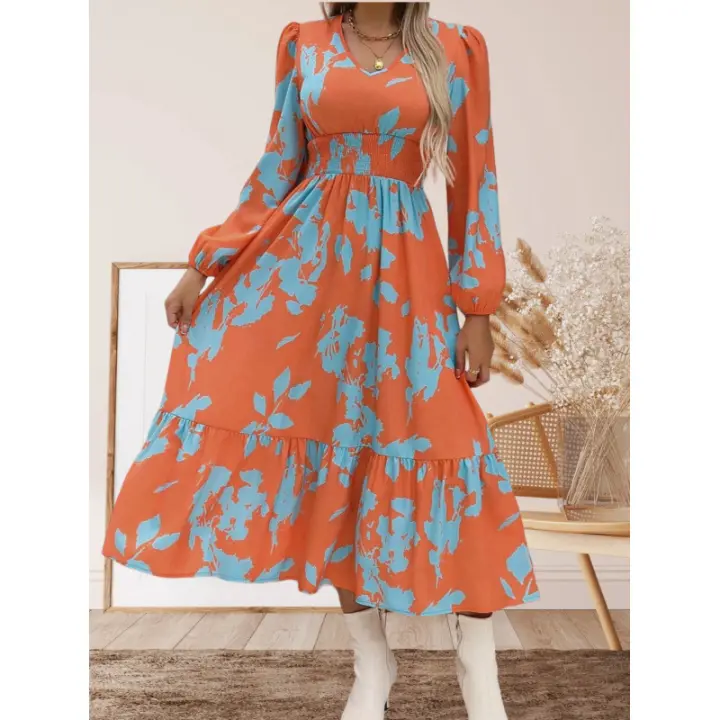 Vestido de longitud media con manga larga y burbujas estampadas con cuello en V - 1