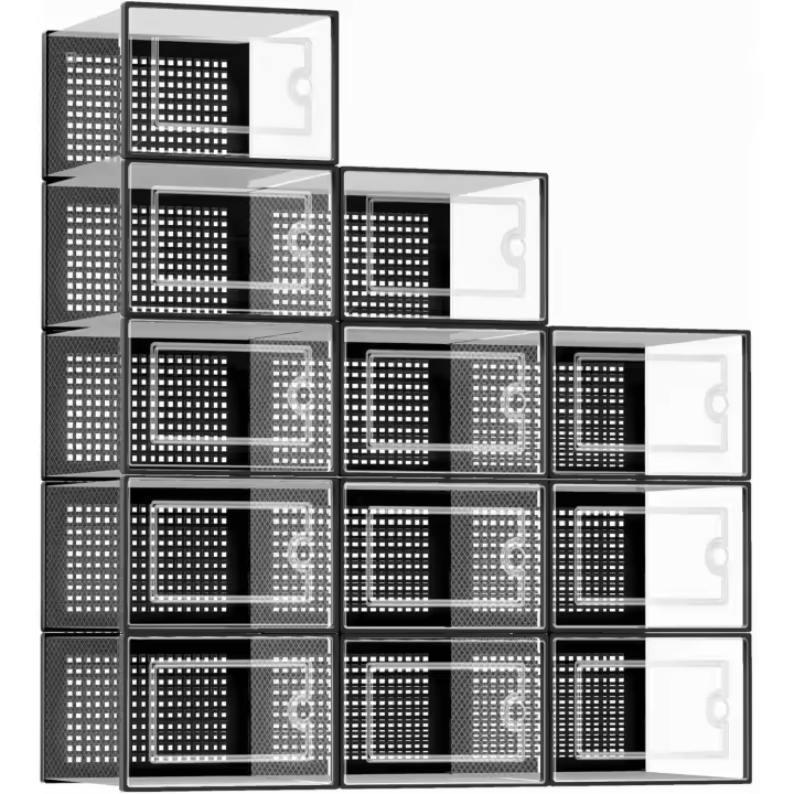 Cajas de almacenamiento de zapatos extragrandes, de plástico transparente, apilables, paquete de 12, zapatero y sustituto, contenedores de tenis, contenedores organizadores de almacenamiento de - 1