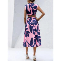 Vestido largo de mujer con estampado floral de plantas, cuello redondo, manga corta y cintura alta para el verano de 2024 - details 19