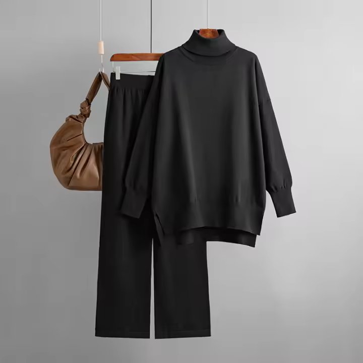 Jersey cálido de mujer de manga larga con cuello alto, pantalón ancho de punto, tres piezas elegantes e informales, 2 piezas - 1