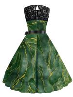 Vestido midi de fiesta elegante de verano con estampado floral, encaje, sin mangas, línea A y cinturón para mujer - details 22