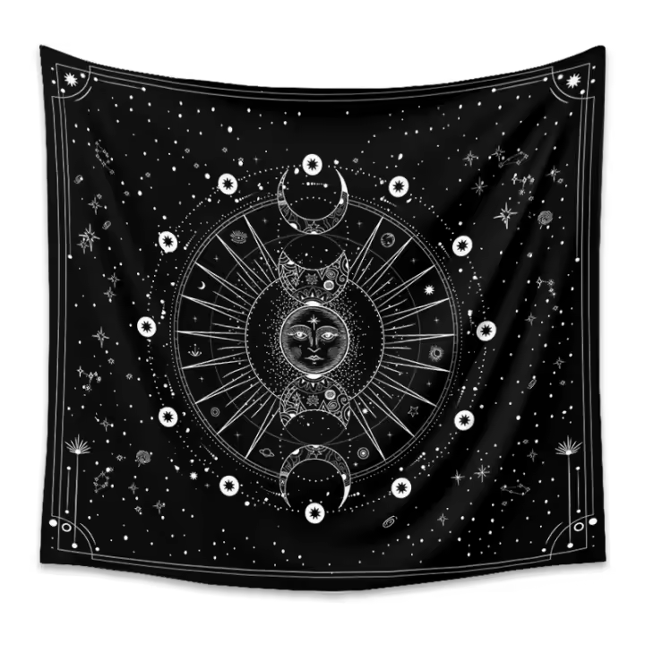 Tapiz psicodélico de constelación de sol y luna, decoración de dormitorio, colgante de pared con estampado blanco y negro, 73x95CM, 1 unidad - 1