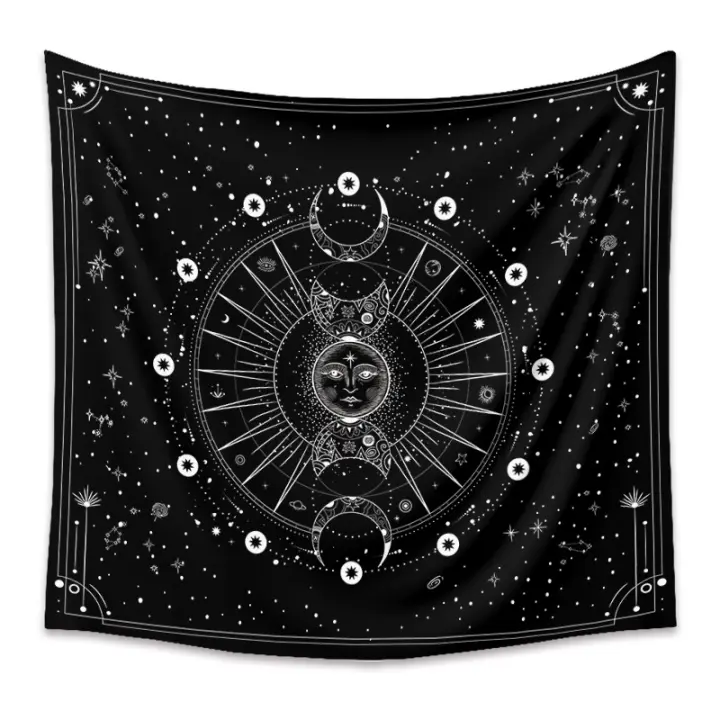 Tapiz psicodélico de constelación de sol y luna, decoración de dormitorio, colgante de pared con estampado blanco y negro, 73x95CM, 1 unidad - 1