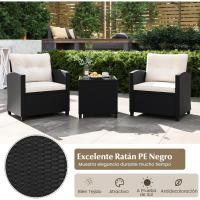 Conjunto de jardín exterior de ratán de 3 piezas, 1 mesa auxiliar de vidrio templado y 2 sillas con cojines, muebles de jardín terraza balcón exterior (negro) - details 38