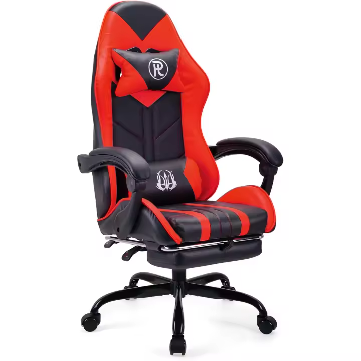 Silla Gaming Silla de Oficina Silla Giratoria Silla de Ordenador Silla de Tareas Silla de Escritorio Silla Ergonómica Silla de Carreras Silla de Cuero Silla PC Gaming (Rojo,con Reposapiés) - 1