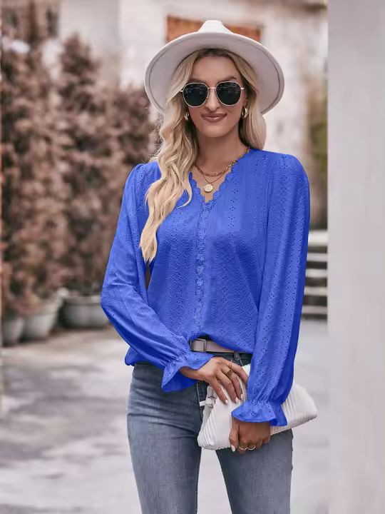 Ence Camisa de gasa floral elegante informal de manga larga con cuello en V para mujer, suministros de oficina, a la moda - 1
