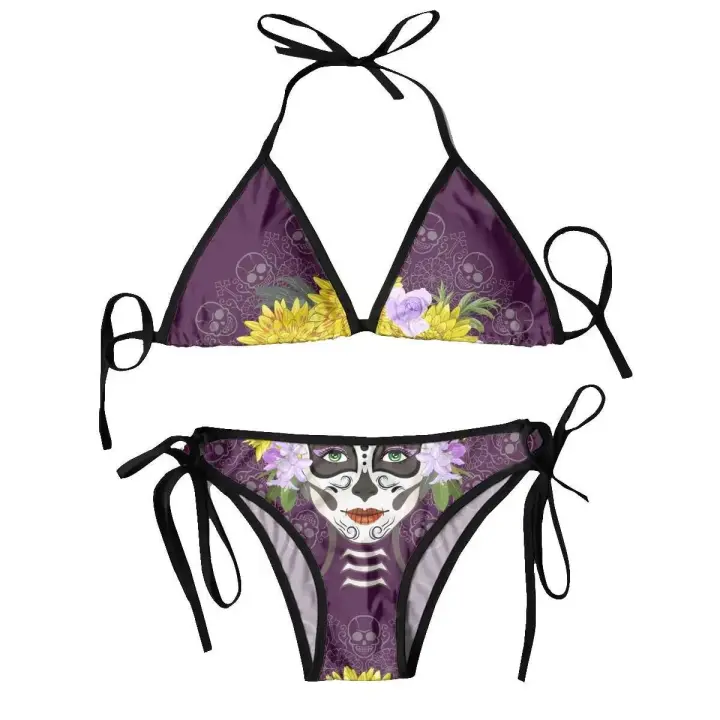 2024 traje de baño Santa Muerte con peonías Calavera Catrina Día de Mujer traje de baño de Mujer ropa de playa de verano conjuntos de Bikinis de baño - 1