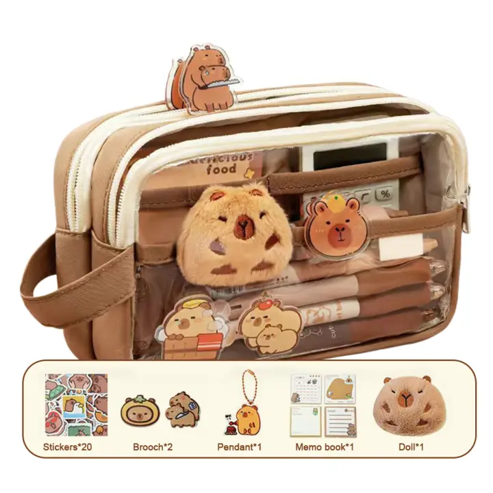 Estuche para lápices bonito, estuche transparente para lápices multicapa, estuche para lápices Capybara de gran capacidad, estuche para lápices con apertura amplia para niños - 1