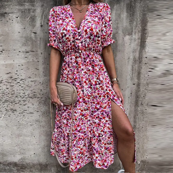 Vestido midi floral con cuello en V bohemio para mujer, vestido de verano de manga corta para fiesta en la playa - 1