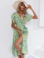 Vestido bohemio Retro de verano para mujer, manga corta, estampado básico, ventilación, Verde S - details 6