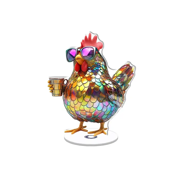Adorno acrílico giratorio con un pollo regordete con café y gafas sin montura en colores vibrantes sobre fondo blanco - 1