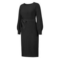 Vestido plisado de manga farol para mujer, estilo urbano, forma adelgazante, negro, S - details 8