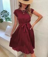Vestido plisado elegante para mujer, manga corta con cinturilla, verde negruzco S, Verano - details 21
