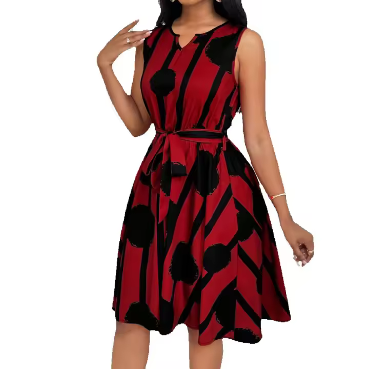 Verano nuevo estilo europeo y americano vestido con cinturón top una línea falda mujer - 1