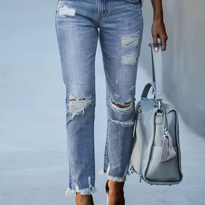 Vaqueros ajustados a medida, leggings de cintura alta y ropa vaquera de mujer con dobladillos gruesos y rasgados. - 1