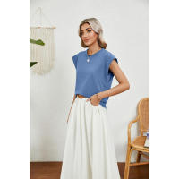 BUNO-2025 Tops para mujer, pantalón corto informal de moda de verano, camisetas básicas con textura a rayas de Color sólido y cuello redondo - details 46