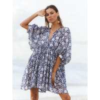 Vestido corto de vacaciones de playa de rayón informal suelto con lazo floral para mujer de moda de verano - details 24
