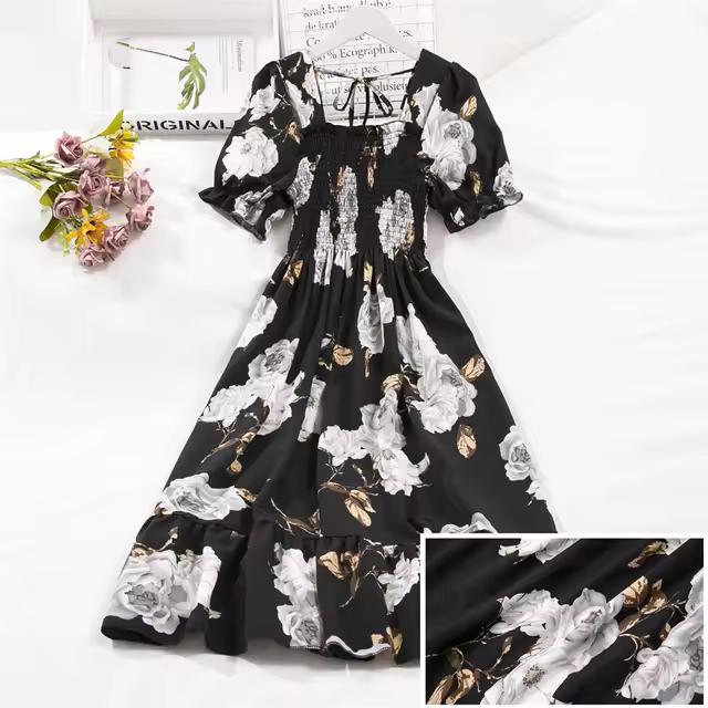 Vestido de gasa de manga corta para mujer, ropa informal plisada con cintura elástica, a la moda, primavera y verano - 1