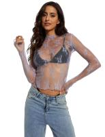 Camiseta transparente con agujero para el pulgar de encaje floral para mujer, camiseta de manga larga con cuello simulado de moda, top de mujer para uso diario - details 1