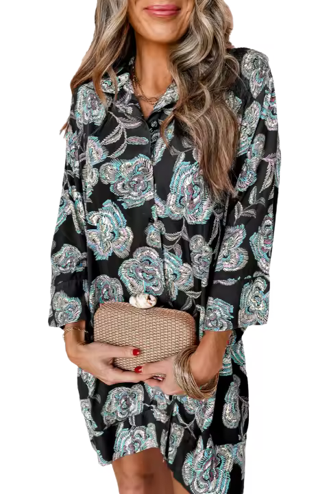 Elrachen Mini vestido suelto con cuello de solapa y estampado floral para mujer, negro, tallas S-XL - 1