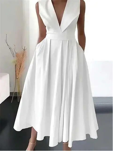 Vestido Plisado de Medio Largo para Mujer Vestido de Fiesta Casual con Cuello en V y sin Mangas - 1
