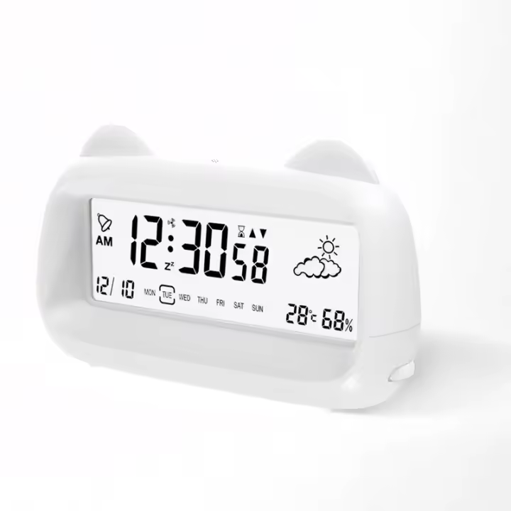 Pantalla de reloj despertador digital con retroiluminación de temperatura y humedad semanal ‌   Linda forma de gato para niños adultos junto a la cama con pilas - 1