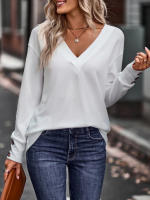 Camiseta holgada de manga larga con cuello en V para mujer, Tops blancos informales, jersey de oficina, otoño e invierno, nuevo - details 4