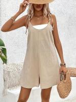 Mono informal sin mangas para mujer: mezcla ligera, color beige sólido con correas ajustables y detalles de botones, atuendo versátil para todas las estaciones para atuendo informal, ropa informal de verano |   Mono sin mangas |   Mono ligero - details 12