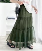 Falda larga de malla para mujer, falda de dos capas, línea A, color negro, blanco y verde, primavera y verano - details 11