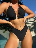 Bikini Sexy de color puro, traje de baño de 2 piezas con lazo en el cuello, en forma de V, novedad de 2024 - details 3