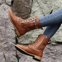 Botines de punta redonda con cordones para mujer, botas militares de combate de tacón bajo de media pantorrilla, botines de equitación - details 5