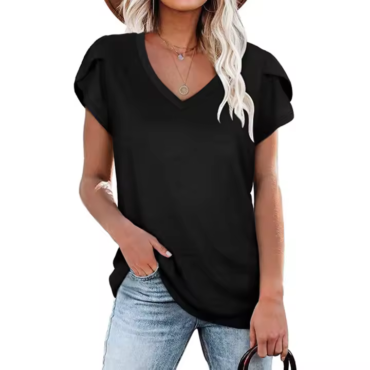 Camiseta de manga corta con cuello en V para mujer, camisa informal holgada con mangas de verano y borde con volantes - 1