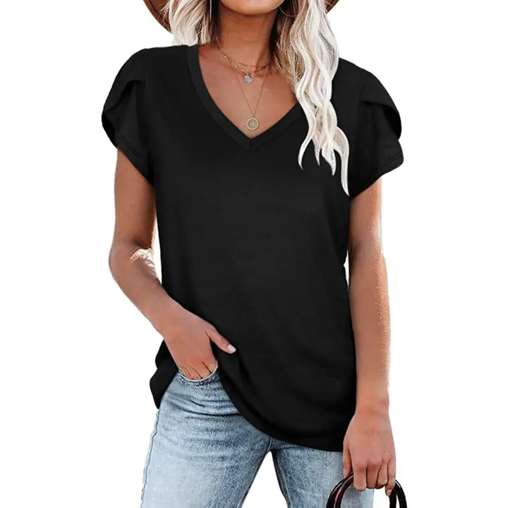 Camiseta de manga corta con cuello en V para mujer, camisa informal holgada con mangas de verano y borde con volantes - 1