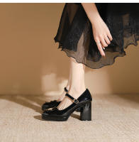 Zapatos de punta cuadrada con tacón grueso y tacón alto plano con hebilla de flor pequeña - details 11