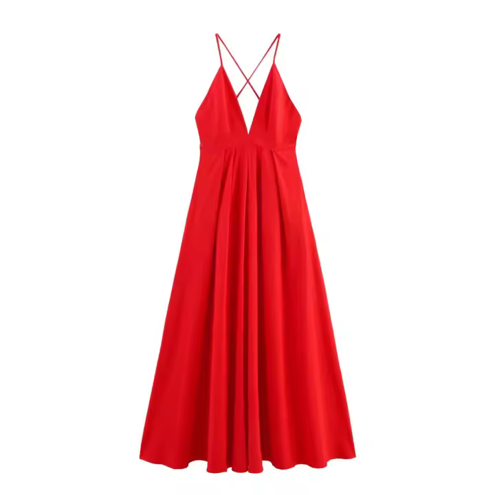 La ropa de las mujeres europeas y americanas es delgada, sentido del diseño de liguero informal, vestido de temperamento sin espalda de nicho rojo - 1