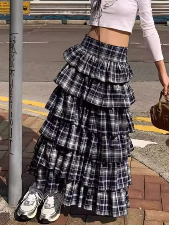 Falda retro de moda urbana Zoki, diseño a cuadros vintage, cintura alta para mujer. - 1