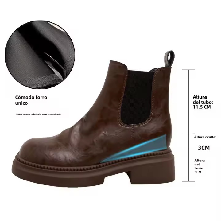 Botines cortos de realce interior de piel de vaca lavada, botines cortos Chelsea retro de tacón grueso plisado para mujer - 1