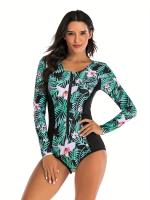 Traje de baño de una pieza con estampado de hojas florales, manga larga, cierre de cremallera en el cuello redondo, traje de baño - details 1