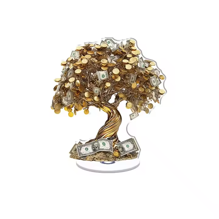 Escultura acrílica giratoria con un árbol del dinero ultrarrealista compuesto por monedas de oro y billetes de dólar con colores vibrantes y detalles intrincados. - 1