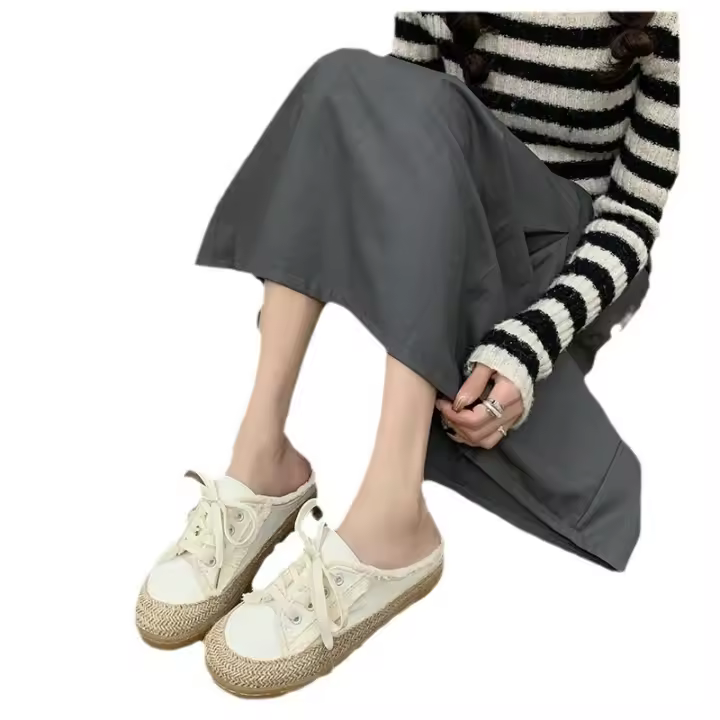 Golpéalo bien y úsalo ~ Corea del Sur INS bolsa cabeza media zapatillas mujer verano desgaste nueva plataforma zapatos de lona perezoso casual zapatillas frescas - 1