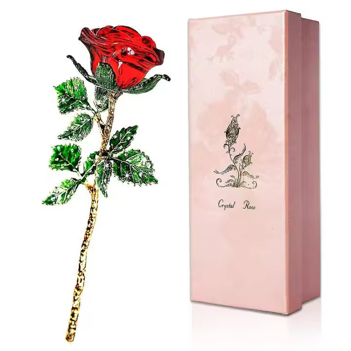 Rosas de Cristal Rojas con Caja de Regalo Figura de Rosa de Vidrio Rojo Eterna para Mujeres - 1