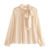 TRAFZA holgada-Blusa de manga larga con cuello redondo para mujer, camisa informal con botones calados, decoración con lazo, 2023 - details 1
