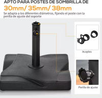 Base de sombrilla de jardín de 20 kg apta para diferentes diámetros de poste Φ35 mm, Φ38 mm, Φ48 mm, rellena con cemento estable, ruedas incorporadas, negro - details 1