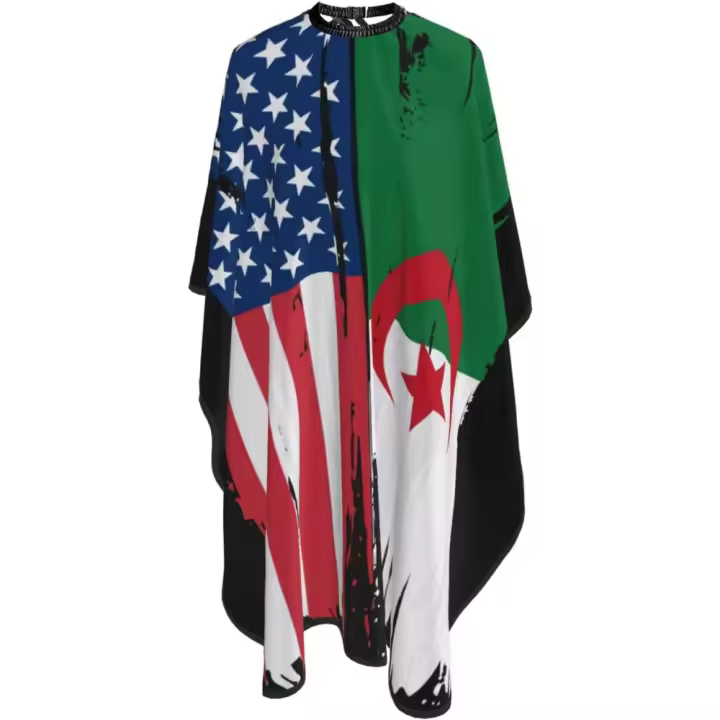 Capa de peluquero con bandera de EE. UU. Argelia - Capa de corte de pelo impermeable para peluquería profesional con cierre a presión ajustable - Delantal de corte de pelo para estilista y uso doméstico - 55''X66'' - 1